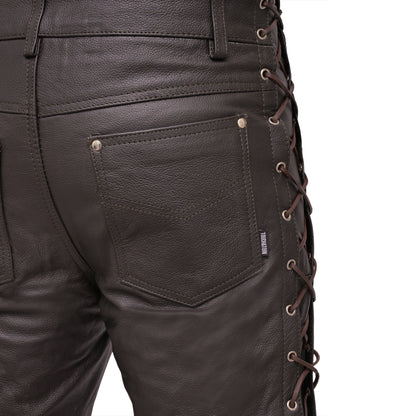 Motorcycle Leather Pants for Mens Jeans String Style Pant - Brown