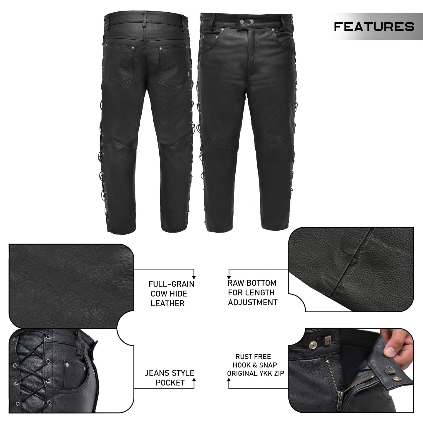 Leather Pants for Mens Jeans Style Side Laces with 5 Pockets