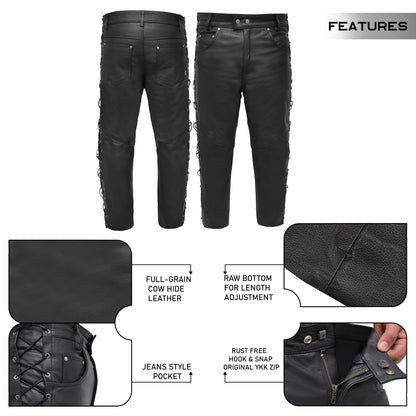 Leather Pants for Mens Jeans Style Side Laces with 5 Pockets