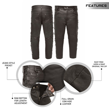 Motorcycle Leather Pants for Mens Jeans String Style Pant - Brown