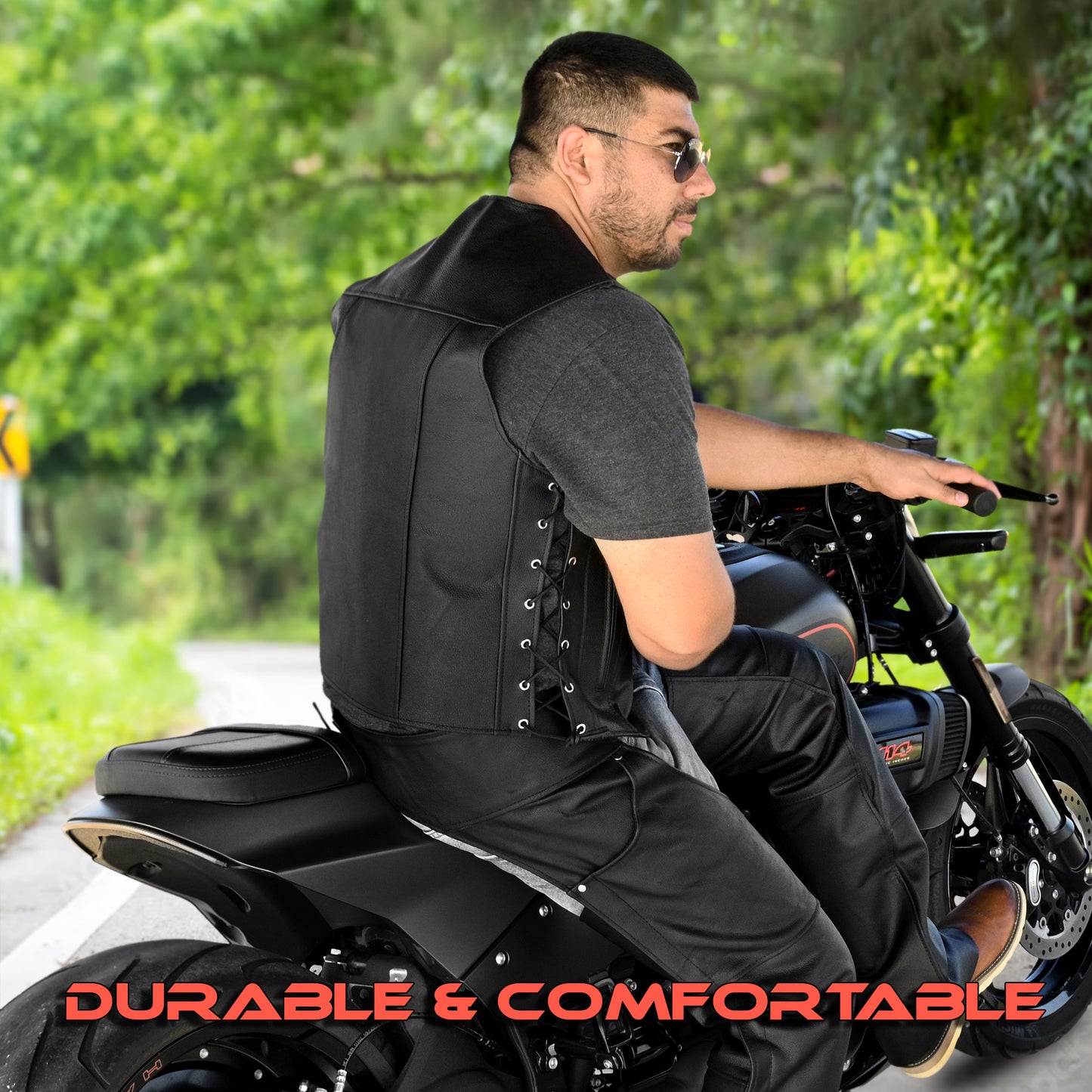 Motorcycle Leather Vest for Men With Concealed Pocket Adjustable Laces