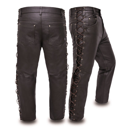 Motorcycle Leather Pants for Mens Jeans String Style Pant - Brown