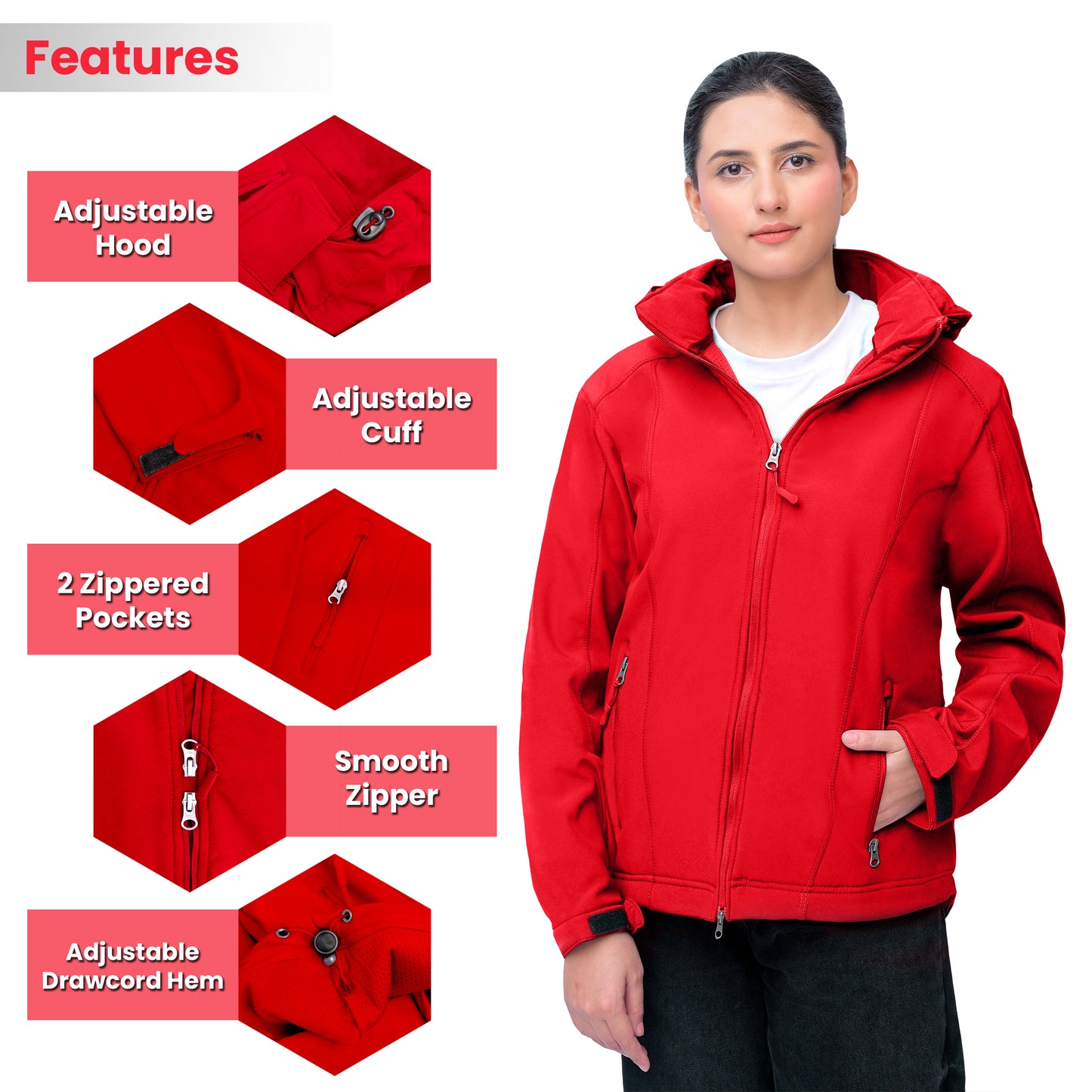 Women’s Softshell Jacket – Lightweight, Water-Resistant, Windproof, Outdoor Activewear - Red