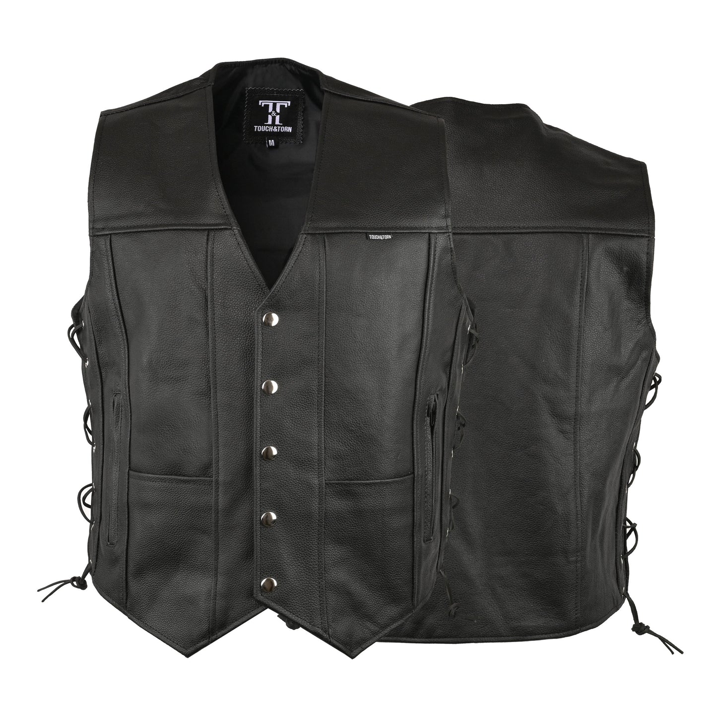 Motorcycle Leather Vest for Men With Concealed Pocket Adjustable Laces