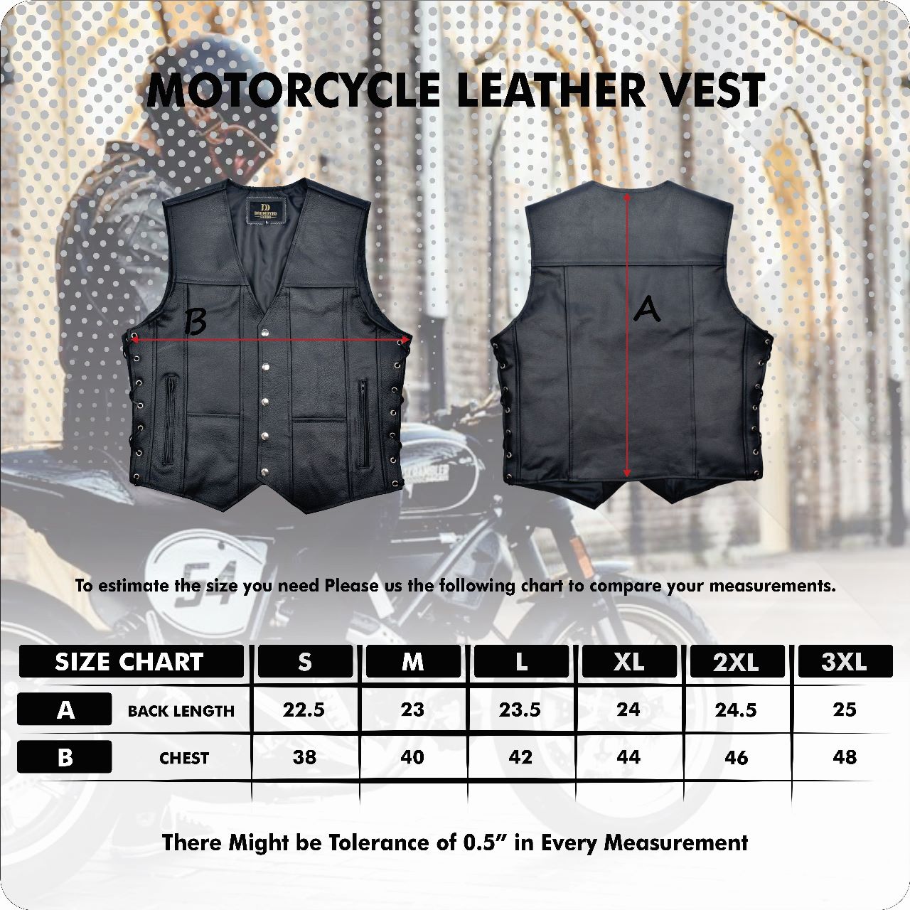 Motorcycle Leather Vest for Men With Concealed Pocket Adjustable Laces