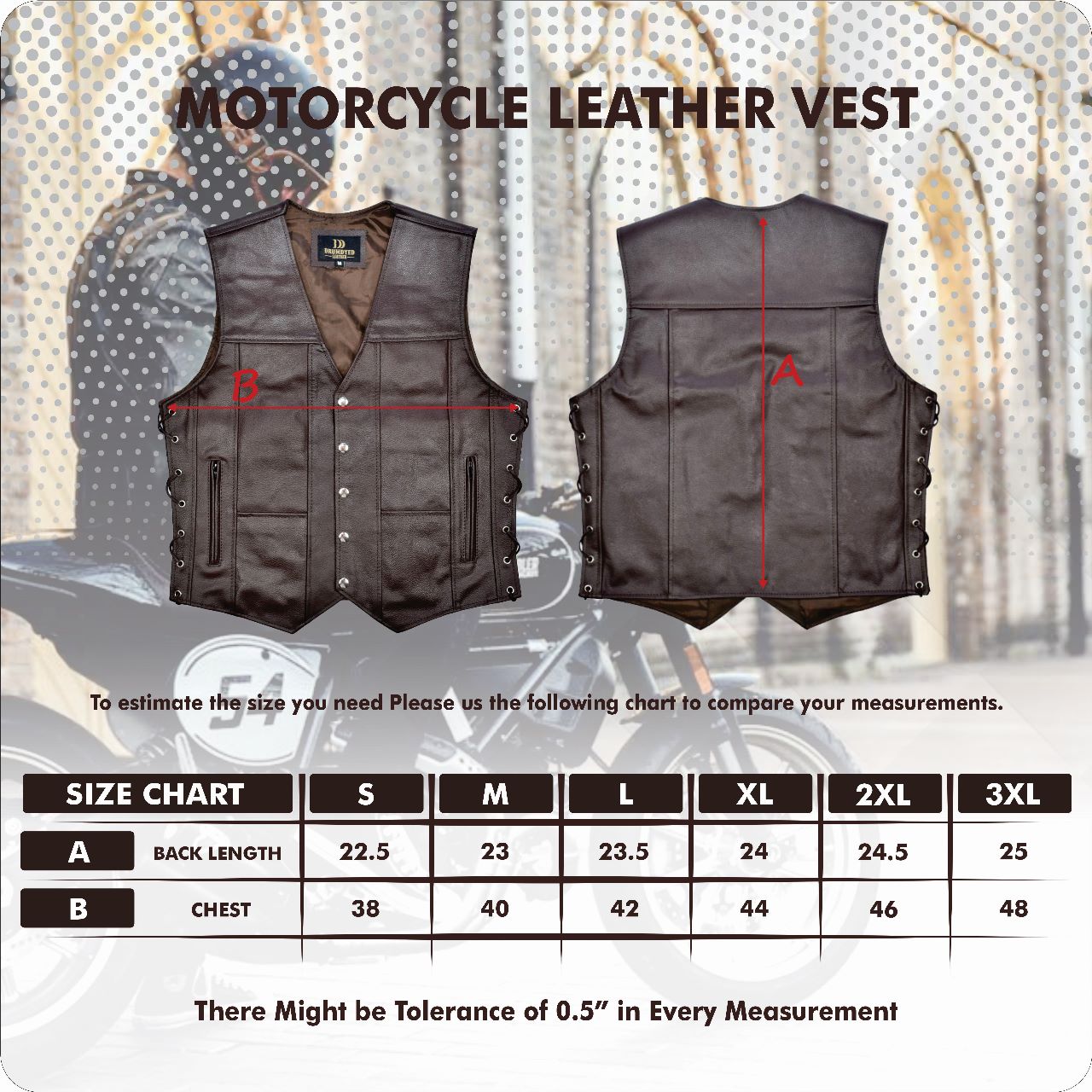 Motorcycle Leather Vest for Men With Concealed Pocket Adjustable Laces